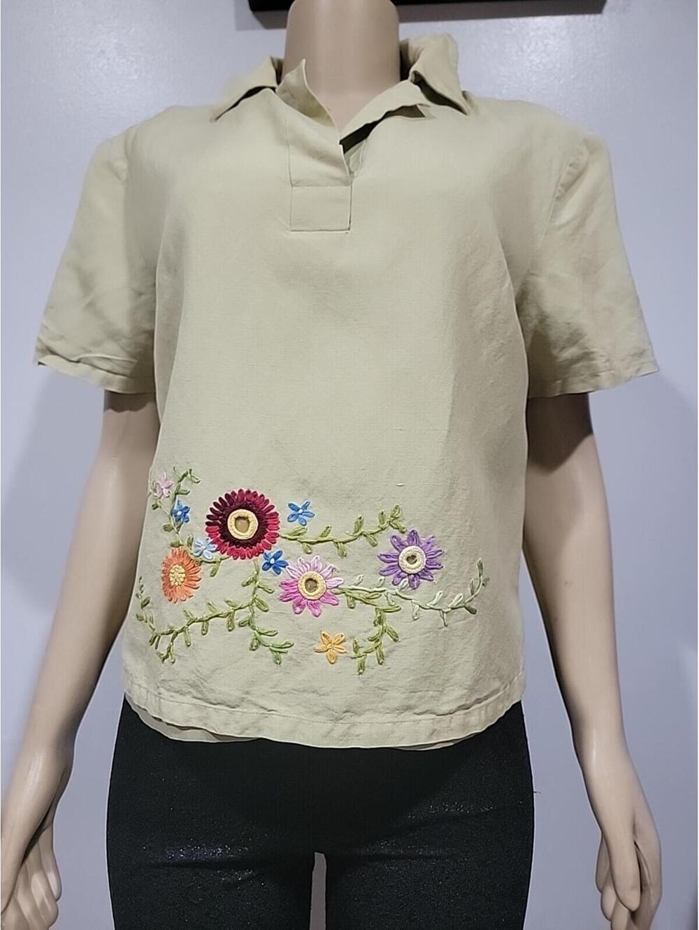 Jennifer Eden Women's Size 14 Blouse Green Lined Short Sleeve Flowers #CC